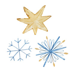 Watercolor Snowflakes and Star set, Christmas Blue Scandinavian illustration for design card and print.