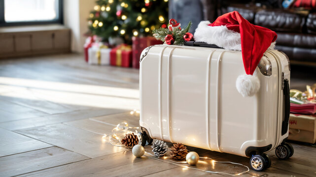 Holiday suitcase with Santa hat beside Christmas tree and wrapped gifts