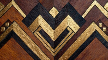 Geometric Wood Pattern: Intricate and ornate geometric design, featuring a symphony of rich wood grains and elegant golden accents, creating a visual display of luxury and sophistication.