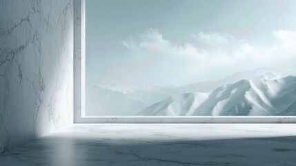 Minimal marble room with panoramic view of snowy mountains