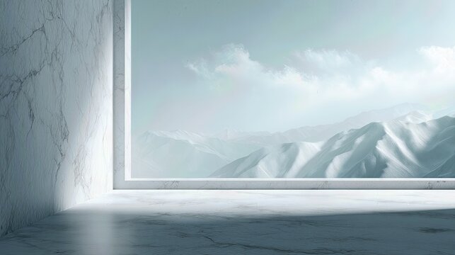 Minimal marble room with panoramic view of snowy mountains - Powered by Adobe