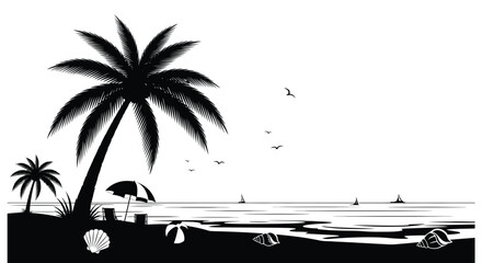 A tropical beach scene with a palm tree ocean and distant sailboats