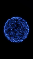Electric glowing digital sphere with wavy blue particles on black background. Futuristic abstract vertical shape. High-tech fluid ball in cyber style. Vibrant modern energy light object.