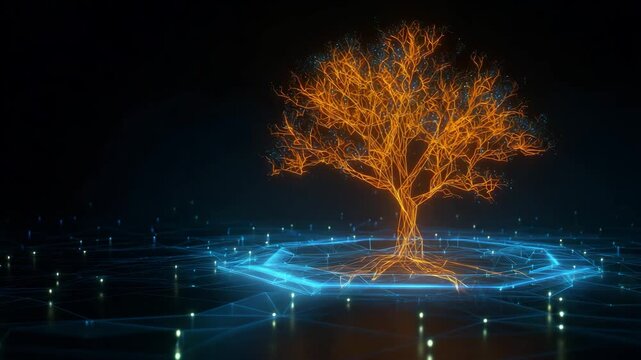 Glowing digital tree structure with orange light on dark background