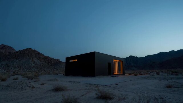 Minimal dark cabin glowing at dusk in a vast desert landscape surrounded by rocky mountains and soft blue twilight creating a calm isolated architectural scene