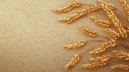Close-up of golden wheat on textured beige surface.