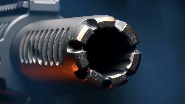 Metallic tactical rifle muzzle brake emitting swirling smoke in a dark cinematic 3D animation, illustrating weapon discharge concepts.
