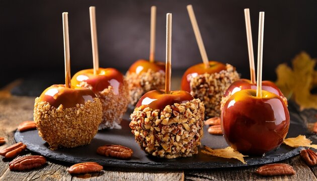 Delicious Caramel Apples Covered With Pecans For Halloween Party