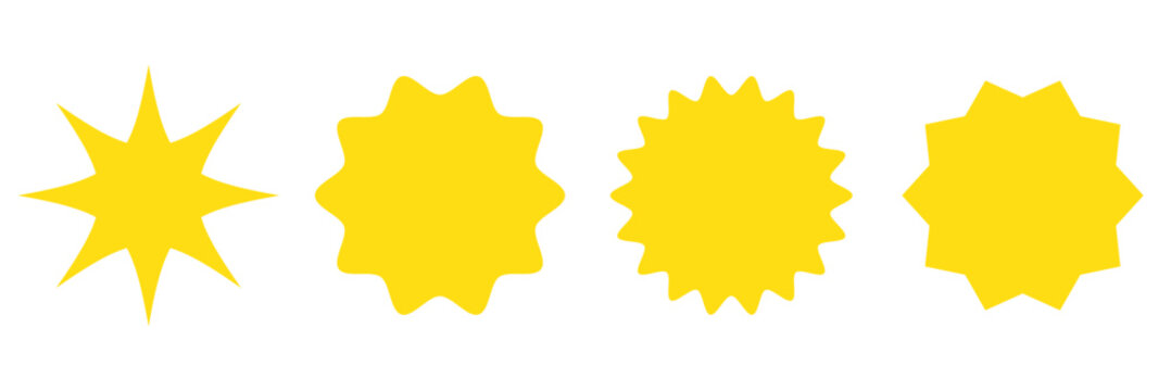 Set of yellow star burst shape tags for price. Circle sticker. Wavy edge promo badges. Blank sale stickers collection. Star vector icons.