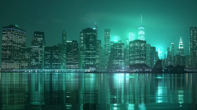 Emerald City Lights - A Nighttime Skyline Reflection.
