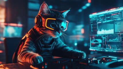 Cute cat in a cyber suit programming on a computer