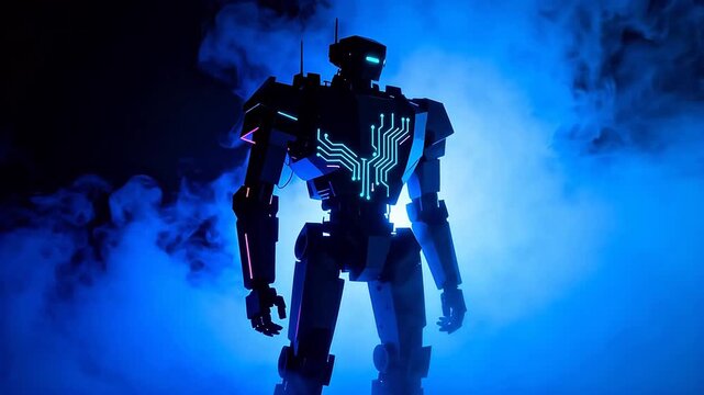 Futuristic robot in glowing circuit design