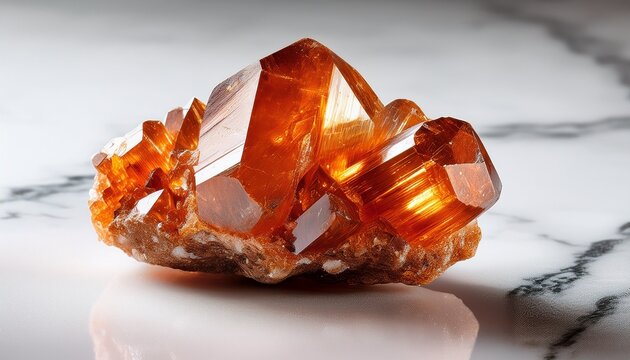 Uncut Hessonite Grossular Crystal On White Marble