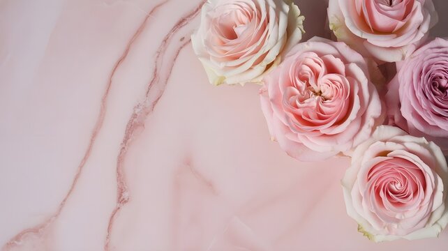 Top view of delicate pink roses scattered on a light pink marble surface background