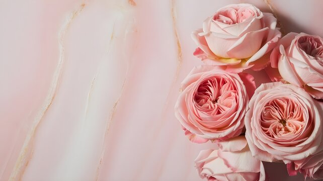 Beautiful light pink roses arranged on a soft, textured pink marble background