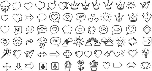 Fototapeta premium Hand drawn doodle icon set with hearts arrows crowns and speech bubbles