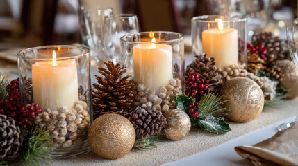 Festive candle centerpiece on a decorated holiday table