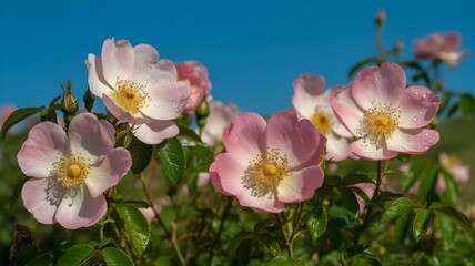 Obraz premium Closeup of delicate pink wild roses blooming against a clear bright blue sky