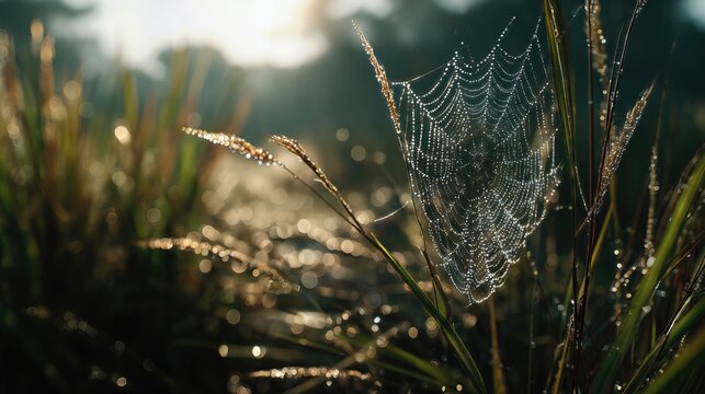 Macro view of spider web covered in dewdrops on grass glowing in morning light.