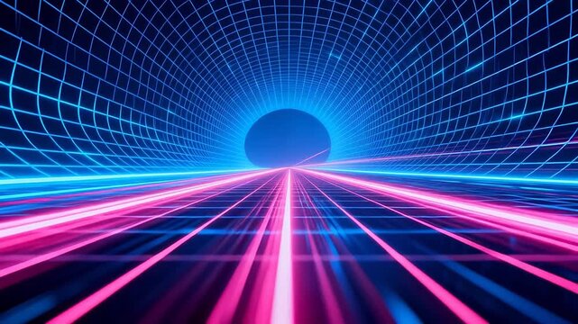 Neon grid tunnel with glowing lines