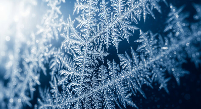 Close-up of intricate blue ice crystal formations, showcasing fractal patterns. Symbolizes winter, cold, and the beauty of nature's geometric designs.