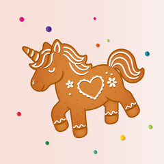 Niedliches Einhorn im Lebkuchenstil mit Zuckergussverzierungen und Herzmotiv. S&uuml;&szlig;e weihnachtliche Illustration im Cartoon-Look, ideal f&uuml;r saisonale Designs, Karten und Deko.