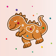 S&uuml;&szlig;er Dinosaurier im Lebkuchenstil mit Zuckergussdetails, Herzmotiv und bunten Zuckerperlen. Niedliche weihnachtliche Cartoon-Illustration ideal f&uuml;r saisonale Designs und Kinderprodukte.