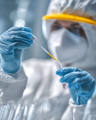 Laboratory Technician Preparing Sample with Pipette in Cleanroom Environment for Research Purposes