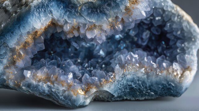 Blue geode with translucent crystals and gold inclusions in macro view.