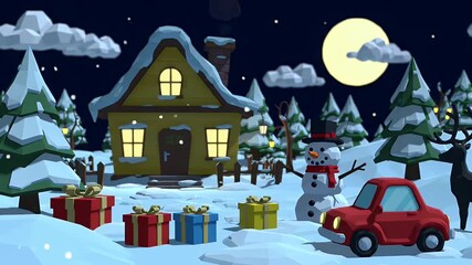 Cozy Snowy Night Holiday Cabin Scene with Gifts, Snowman, and Moonlit Pines - Powered by Adobe