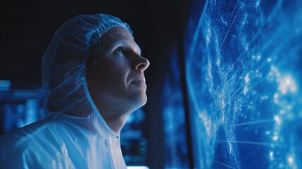 Professional in Protective Gear Analyzing Digital Data on a Large Screen in a High-Tech Environment