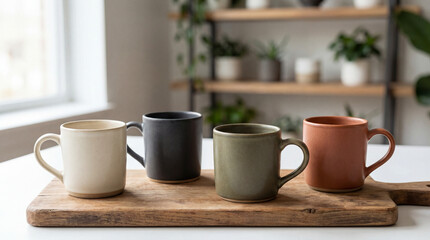 A beautifully arranged collection of ceramic mugs on a minimalist table, showcasing modern design and simplicity, perfect for a cozy coffee moment at home.