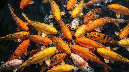 A vibrant group of koi fish showcasing various colors, swimming gracefully in a serene water setting that captivates viewers with its beauty and tranquility.