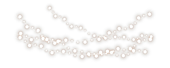 Warm glowing string lights hanging in multiple rows, creating a festive cozy ambiance. Soft yellow bokeh bulbs on thin wires. PNG format for holiday, party, and decorative designs.