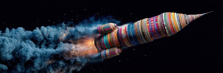 Launch to the Sky: A colorful rocket soars through the dark expanse of space, trails of billowing smoke marking its adventurous trajectory, symbolizing innovation and technological advancement.