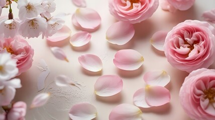 Obraz premium Delicate pink rose petals scattered beautifully among blooming garden roses and cherry blossoms