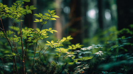 Sunlit leaves and branches in a lush green forest with blurred background trees visible