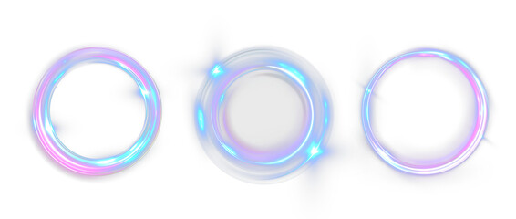 A set of three glowing neon energy rings in blue, purple, and pink hues, each formed by smooth swirling light trails with bright flare highlights on a black background. The rings vary slightly in thic