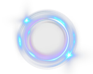Obraz premium A glowing circular energy ring with vibrant blue and purple neon light swirling around a dark center. The luminous halo features radiant flares, smooth gradients, and a dynamic sci-fi aura. PNG.