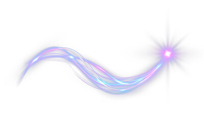 A flowing neon light trail in blue, purple, and pink tones, curving gracefully across a black background and ending in a bright star-like flare. The glowing streaks intertwine smoothly, creating a dyn