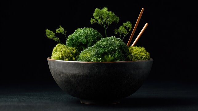 Bowl of fresh broccoli and herbs on dark background with chopsticks. - Powered by Adobe