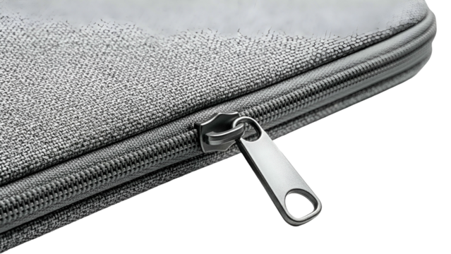 Close-up of a gray fabric case with a metallic zipper, partially open