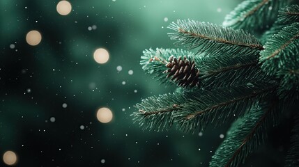 Close-up of pine branches with a pine cone and soft falling snow on a green background