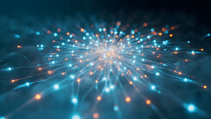Obraz premium A luminous cluster of interconnected nodes radiating outward like a high-tech heartbeat. Surrounded by open neutral space for text or design placement.