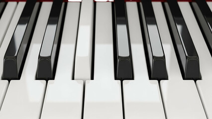 Close-up of a piano keyboard showing black and white keys, with red accent