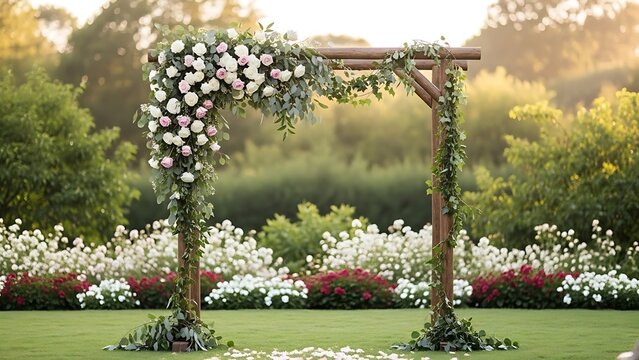Enchanting floral wedding archway in a garden setting bathed in soft light, perfect for romantic ceremonies and elegant events in nature's embrace