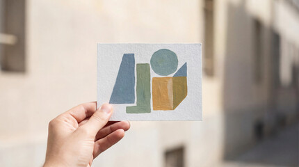 An individual holds a vibrant abstract geometric artwork, showcasing a blend of shapes and colors, representing creativity and artistic expression in modern art.