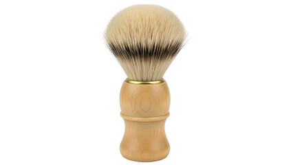 A shaving brush with a light wood handle and fluffy, two-tone bristles