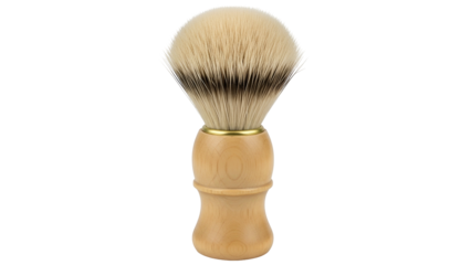 A shaving brush with a light wood handle and fluffy, two-tone bristles