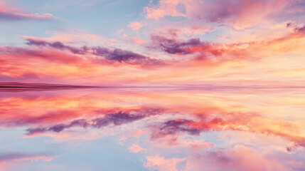 Sunset over calm ocean with clouds reflected on the water